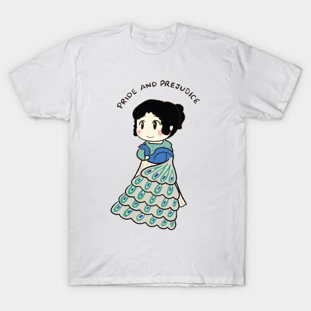 Cute Elizabeth Bennet and Peacock Drawing T-Shirt by MariOyama